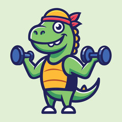 Dino gym mascot logo with smiling dinosaur and headband vector illustration