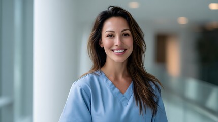 Portrait of a Smiling Female Nurse in Light Blue Scrubs in a Modern Hospital Setting