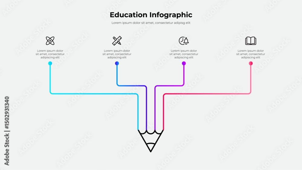 Poster a minimalist education infographic featuring a pencil graphic with colorful lines branching to icons