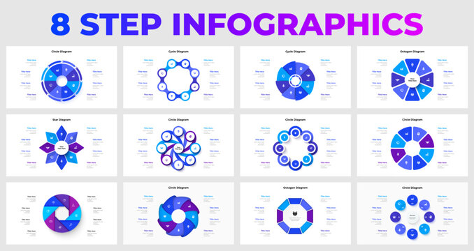 Collection of 8 Step Infographic Templates for Business and Presentation Design. Ideal for visualizing eight step processes, business strategies, and presentation concepts