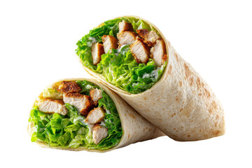 Two halves of a chicken caesar wrap.