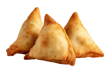 Three fried triangular samosas against a black background.