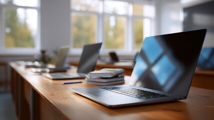 Silver Laptops on Wooden Desk in Bright Classroom