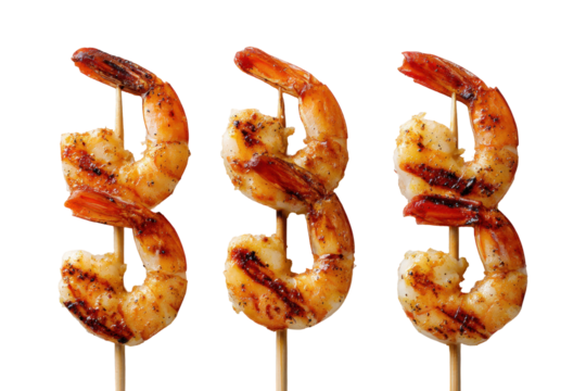 Grilled shrimp skewers on wooden sticks.