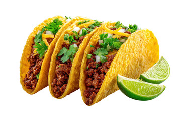 Close-up of three tacos filled with seasoned ground beef, topped with shredded cheese and fresh cilantro.