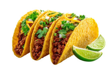 Close-up of three tacos filled with seasoned ground beef, topped with shredded cheese and fresh cilantro.