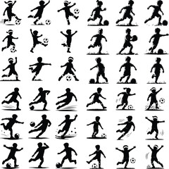 Kids Playing Football Silhouette Set – Soccer Boys & Girls Vector Pack Children Football Silhouettes – Fun Outdoor Sports Activity Graphic Set