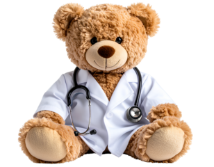 Teddy Bear Dressed as a Doctor with Stethoscope, Career Play Toy, isolated on a transparent background