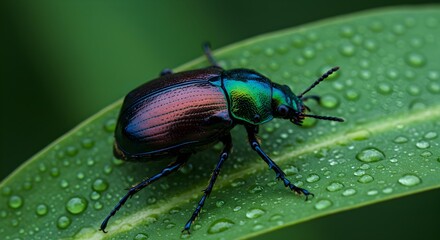 Naklejka premium Iridescent Beetle on Leaf with Water Droplets