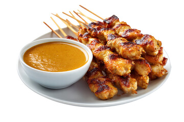 Grilled chicken satay with peanut sauce on a plate.