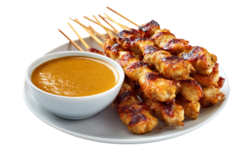 Grilled chicken satay with peanut sauce on a plate.