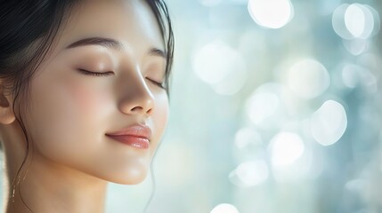 Naklejka premium Woman with flawless skin in serene spa setting, soft light enhancing calm beauty. 