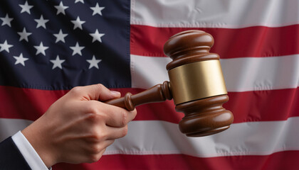 Gavel held before American flag – justice, law and USA patriotism symbol