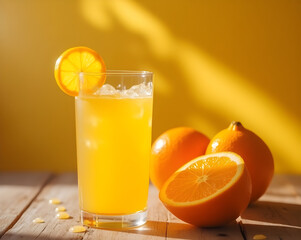 Fresh Orange Juice in Clear Glass with Pulp and Halved Orange on Rustic Wooden Table, Morning Sunlight and Soft Shadows, Bright Citrus Juice with Natural Light and Blurred Background