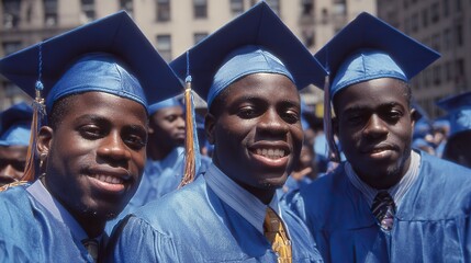Three Black college students in blue caps and gowns smiling at graduation ceremony in New York City, captured on film celebrating academic success.