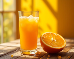 Fresh Orange Juice in Clear Glass with Pulp and Halved Orange on Rustic Wooden Table, Morning Sunlight and Soft Shadows, Bright Citrus Juice with Natural Light and Blurred Background