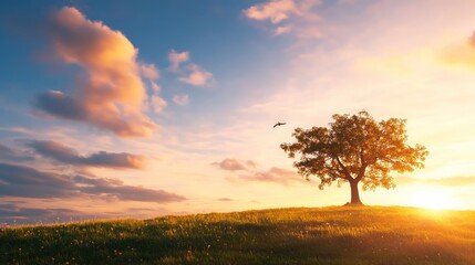 Fototapeta premium Tree silhouette against a vibrant sunset sky tranquil landscape