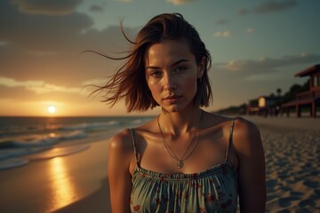 Woman enjoying serene beach sunset