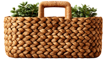 Woven basket filled with green plants, adding a natural touch to any decor, perfect for home styling.