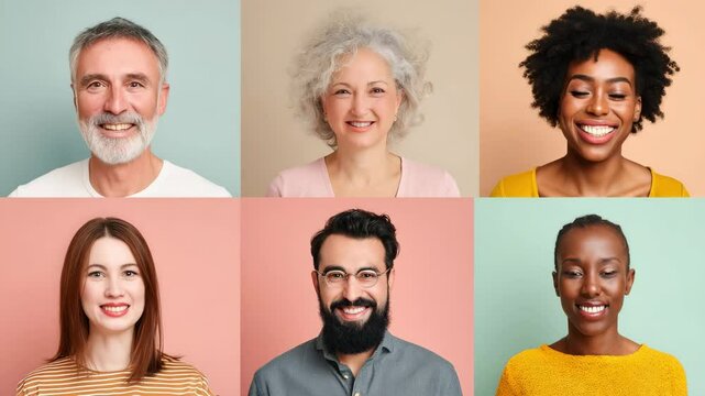 Collage of smiling happy people portraits diverse gender, different cultures, ages, ethnicity. Men and women looking at camera. Close-up of males female faces. Diversity of multiethnic humans outdoors