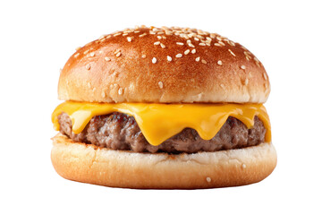 Close-up of a single cheeseburger on a black background.