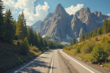 Fototapeta premium Scenic highway winding majestic mountain landscape with pine trees