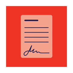 Flat illustration of a signed document on a red background for business purposes