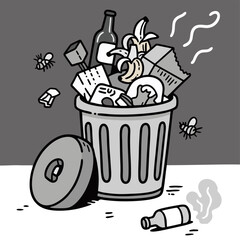 black and white cartoon-style vector illustration of a metal trash_2.ai