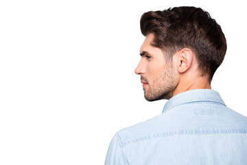 Obraz premium Rear view close up photo of serious concentrated attractive man looking away into empty space pensively isolated over grey color background