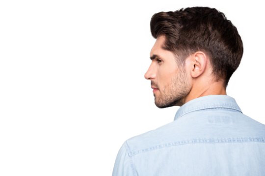 Rear view close up photo of serious concentrated attractive man looking away into empty space pensively isolated over grey color background