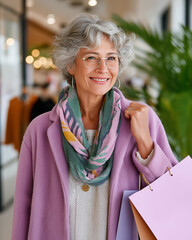 Stylish older woman with a warm smile holding shopping bags, celebrating Black Friday