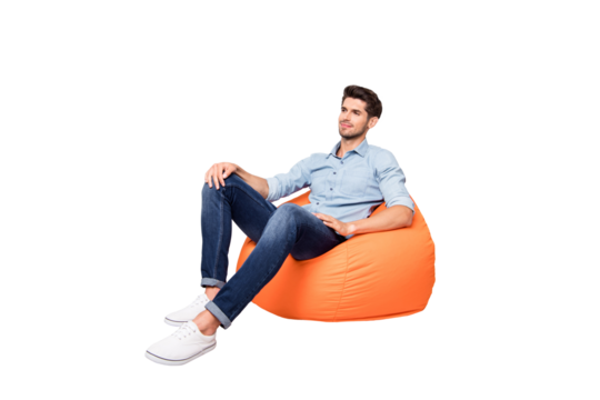 Turned full length body size photo of cheerful confident relaxing man sitting in chair contemplating thinking about his future after work day isolated over grey color background