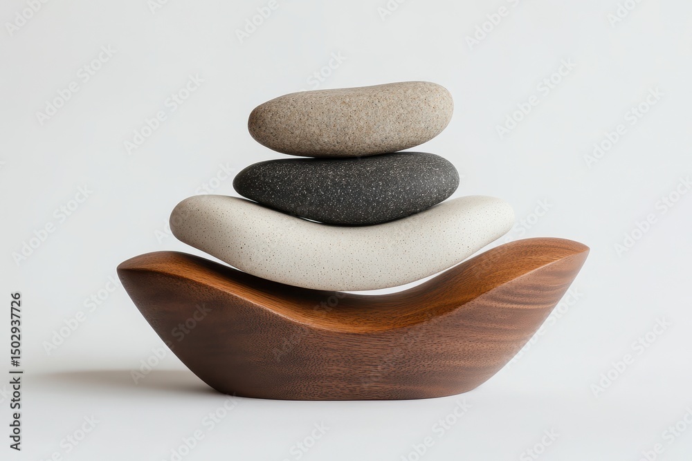 Poster smooth stones stacked harmoniously on a minimalist shelf in a serene indoor setting during daylight 