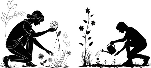 People Gardening Silhouette - Planting and Watering Flowers