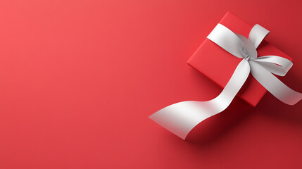 A beautifully wrapped red gift box adorned with a silver ribbon, perfect for festive occasions and celebrations.