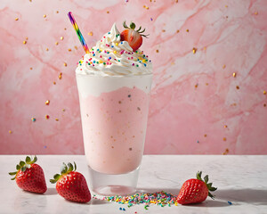 Strawberry Milkshake with Whipped Cream and Colorful Sprinkles in Frosted Glass on Marble Countertop, Fresh Strawberries and Soft Pastel Pink Background, Dessert Drink Photography