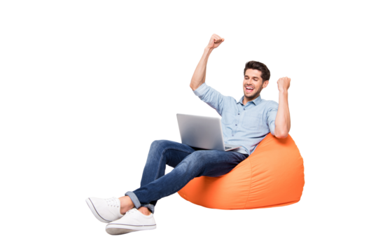 Full length body size turned photo of cheerful positive nice attractive man sitting rejoicing with having won access to new information isolated over grey color background