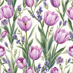 Fototapeta premium Delicate Floral Pattern with Tulips and Lavender on Soft Background