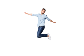 Full length body size side profile photo of cheerful handsome positive attractive man wearing white sneakers pretending to be airplane isolated over grey color background