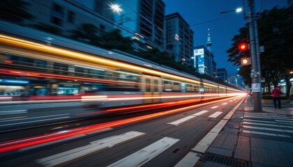 Naklejka premium Dynamic tram motion in urban setting tokyo city night photography vibrant lights long exposure concept