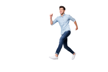 Full length body size photo of cheerful handsome attractive guy wearing white sneakers isolated over grey color background running towards his dream
