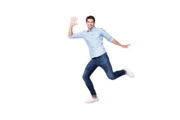 Full length body size profile side photo of cheerful excited nice guy wearing footwear aspiring to coming for sales on time isolated over grey color background