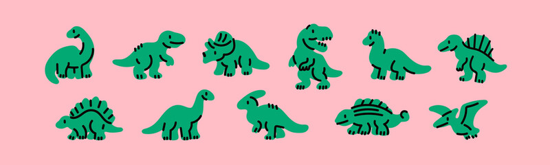 Fototapeta na wymiar Various little Dinosaur set. Cute dino characters. Hand drawn Vector illustration. Print, poster, nursery, kids apparel, baby party invitation, card, child clothes design template. Isolated elements