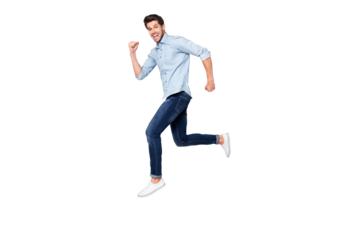 Full length body size photo of cheerful ecstatic crazy overjoyed man aspiring running jumping up in footwear isolated over grey color background
