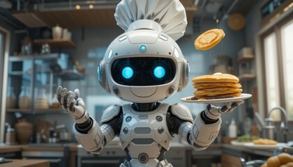 Robot chef flipping pancakes in a modern kitchen culinary art digital environment whimsical viewpoint