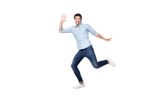 Full length body size profile side photo of cheerful excited nice guy wearing footwear aspiring to coming for sales on time isolated over grey color background