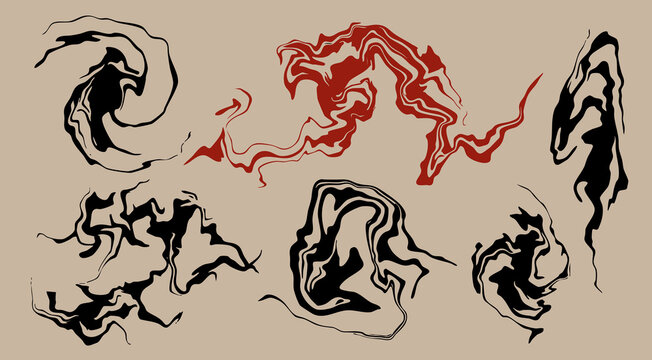 Marble, liquid, petrol stain set. Swirled ink, abstract fluid collection. Hand drawn modern Vector illustration. Isolated design elements. Print, poster, placard, flyer, tattoo, banner templates