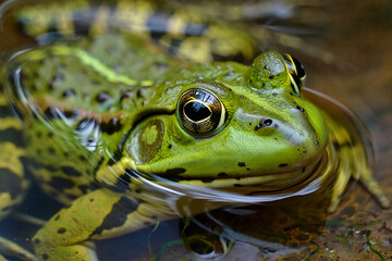 Close-up of a vibrant green frog in water, showcasing its intricate skin patterns and captivating golden eyes in its natural habitat