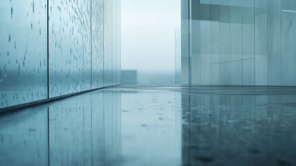 A puddle of water on the asphalt among buildings close-up. Generated by artificial intelligence.