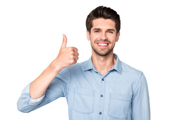 Portrait of positive cheerful man show thumb-up recommend ads sales discounts wear casual style...